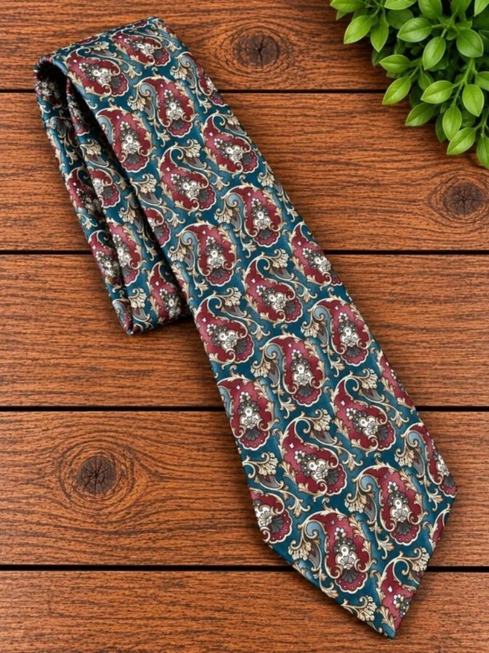 Bill Blass Men’s Paisley Necktie Teal Burgundy Gold Classic Dress Tie